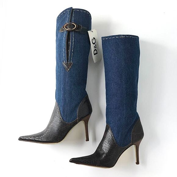 Vintage Dolce and Gabbana Denim Snakeskin Tall Pointed Toe Heeled Boots 35 - Picture 4 of 9